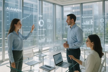 Marketers in a bright modern office analyzing futuristic holographic dashboards with AI-driven marke