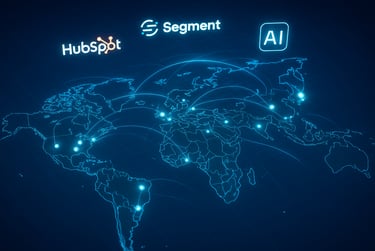 Glowing world map with digital data flow markers representing global martech adoption trends in 2025