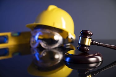 Građevinski radnik s kacigom i sučev čekić , radno pravo i prava radnika