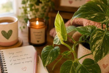 A cozy workspace featuring a variegated pothos houseplant, a lit candle, and a gratitude journal.