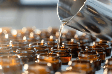 Small-batch skincare studio workspace with amber jars and glass beakers
