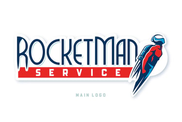 A decorative images showing the logo and word mark for RocketMan Service.