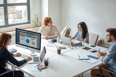 Three professionals using Prompt Genie across different AI platforms in modern workspace