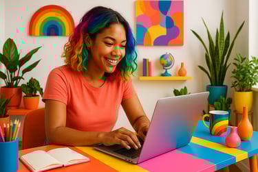 Young freelancer with rainbow hair smiling and working at a colorful desk in a bright home office