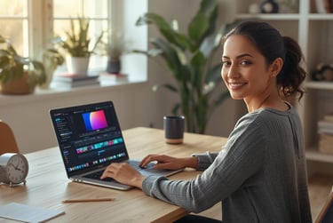 Content creator working on music videos at modern home office workspace