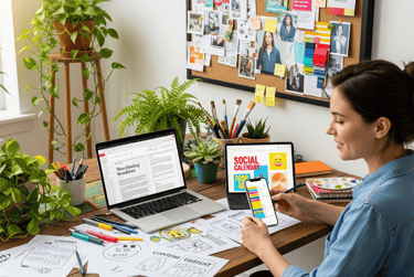 A creative VA working on a laptop, tablet, and smartphone in a colorful, organized workspace.