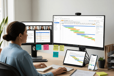 A professional virtual assistant using multiple monitors to manage a complex project.