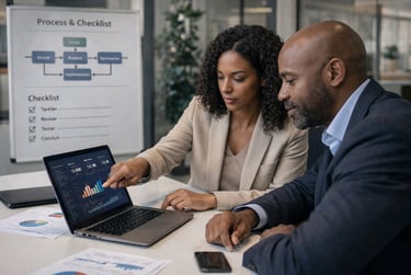 Consultora e gerente avaliando riscos operacionais e no conformidades para garantir prazos e qualida