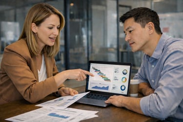 Consultora e gerente analisando processos para reduzir retrabalho e melhorar a produtividade