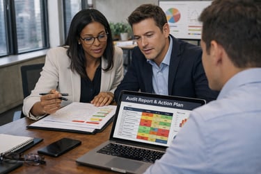 Consultora e equipe de gestão em reunião de suporte estratégico para acompanhar etapas e corrigir ro