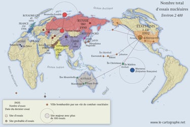 Carte mondiale des essais nucléaires depuis 1950