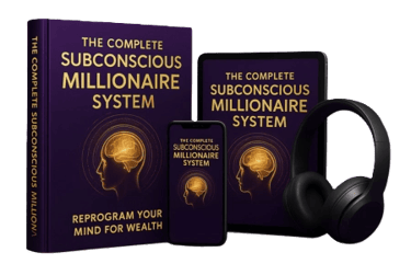 The Complete Subconscious Millionaire System course materials featuring a book, tablet, phone, and headphones.