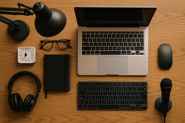 A clean organised deskk with essential tech for working from home