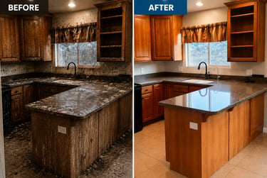 Side-by-side comparison of a kitchen renovation showing dirty old cabinets vs new wood cabinetry and polished countertops.