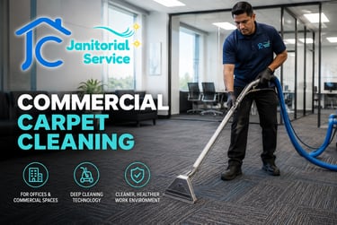 Professional janitor performing commercial carpet cleaning in a modern office space.