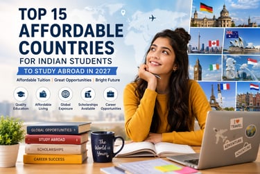 Young Indian student dreaming about studying abroad with a world map, international landmarks