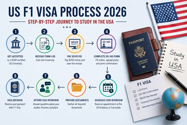 Infographic showing the step-by-step US F1 Visa Process 2026. 