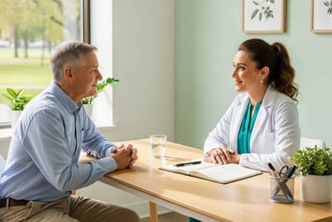 Paciente sênior em diálogo atencioso com nutricionista em consultório com luz natural, transmitindo segurança e bem-estar.