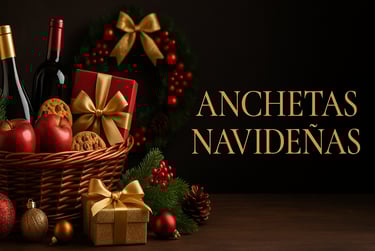 Banner panorámico de anchetas navideñas elegantes con decoración dorada, luces cálidas y empaques festivos de Anchetas Medell