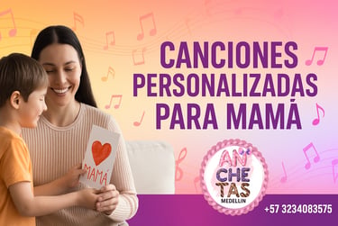 Banner horizontal promocional de Anchetas Medellín para el Día de la Madre. Muestra a un niño entregando una tarjeta con cora