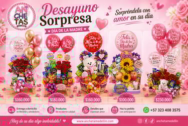 Anchetas de desayuno sorpresa para el Día de la Madre con globos, chocolates y flores en Medellín.
