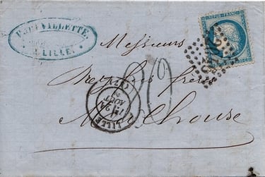 Tax "20" on a letter to MULHOUSE. This tax stamp was used in MULHOUSE.