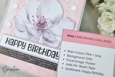 Pastel pink handmade card with card making prompt next to it