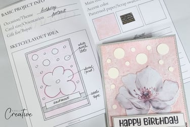 Card making plan with sketch and handmade card next to it