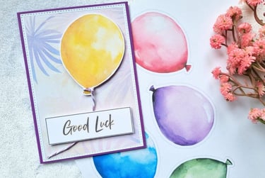 Handmade greeting card with yellow ballon and 'Good Luck' sentiment