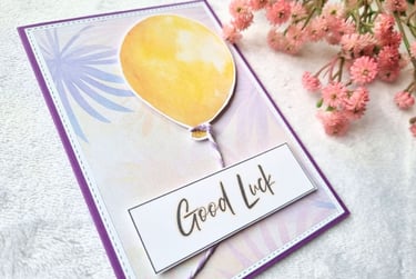 Handmade greeting card with yellow ballon and 'Good Luck' sentiment
