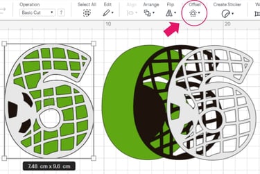 Digital design showing a layered number 6 with grid and soccer ball patterns. Layers include black a