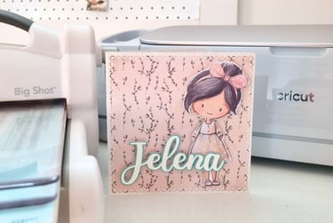Handmade greeting card with a cute girl and name 'Jelena' on it