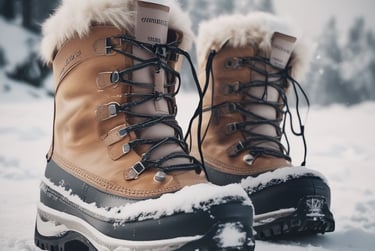 A pair of outdoor hiking shoes and a backpack are placed on a large rock surrounded by natural elements like pine needles and stones. Beside them is a guidebook or map with an outdoor adventure theme.
