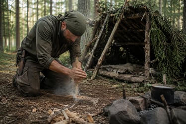 A survivalist man starts a friction fire using a hand drill near a primitive bushcraft shelter in the forest.