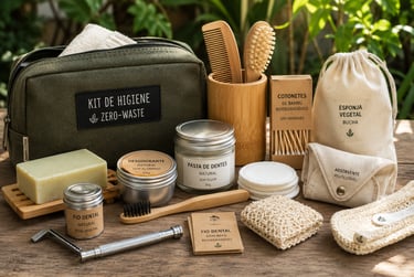 Sustainable zero-waste hygiene kit with bamboo toothbrush, natural soap, and eco-friendly toiletries on a wooden table.
