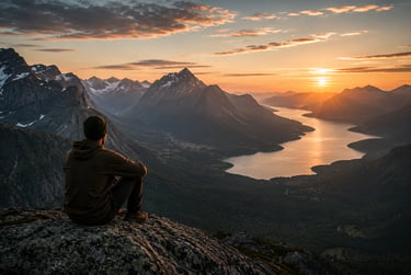 A lone hiker sitting on a rocky peak overlooks a scenic mountain valley and fjord at sunset.