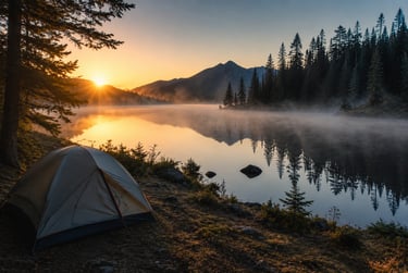A camping tent by a misty lake at sunrise with mountain reflections in the water.