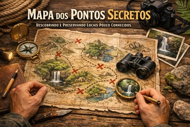 Vintage treasure map on a wooden table with a compass, binoculars, and camera for adventure planning.