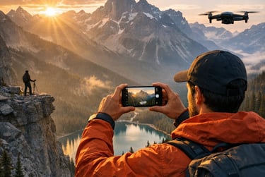 Photographer taking a smartphone photo of a mountain sunrise with a drone flying nearby.