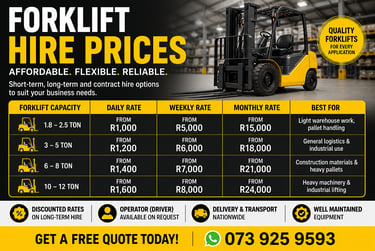 Forklift hire price list showing daily and monthly rental rates for industrial warehouse equipment.