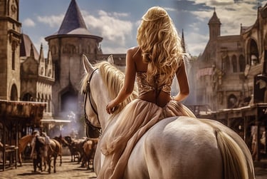 Cavalière arrivant dans un village après un long voyage, 