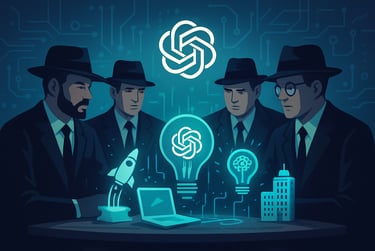 Ilustração de estilo moderno mostrando quatro figuras de terno e chapéu, simbolizando ex-funcionário