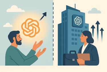 Ilustração dividida que representa a evolução da OpenAI: à esquerda, um homem observa um símbolo bri