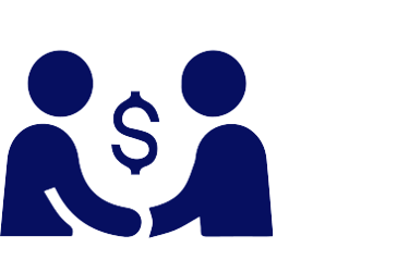 two stick figure silhouettes shaking hands beneath a dollar sign