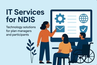 cartoon depicting IT services and technology solutions for NDIS participants