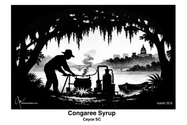 Black & white Palmetto Silhouette of Thomas McManor brewing sweet Congaree Syrup.