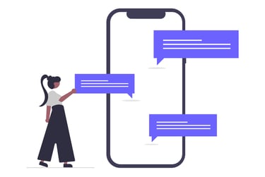 a ilustration style of a  woman putting chat boxes on a mobile phone taller than her, like a chatbot