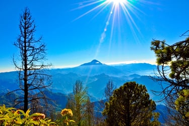 Tacaná Volcano from a distance with vivid blue skies and sun shining above with foreground trees