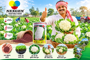 A smiling Indian farmer showing a fresh white cauliflower harvest from NexGen Cauliflower seeds.