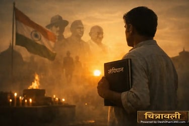 26 जनवरी पर भारत की आत्मा का भावनात्मक दृश्य, जहाँ एक सामान्य नागरिक संविधान, तिरंगे और शहीदों के बलिदान को स्मरण करता है।